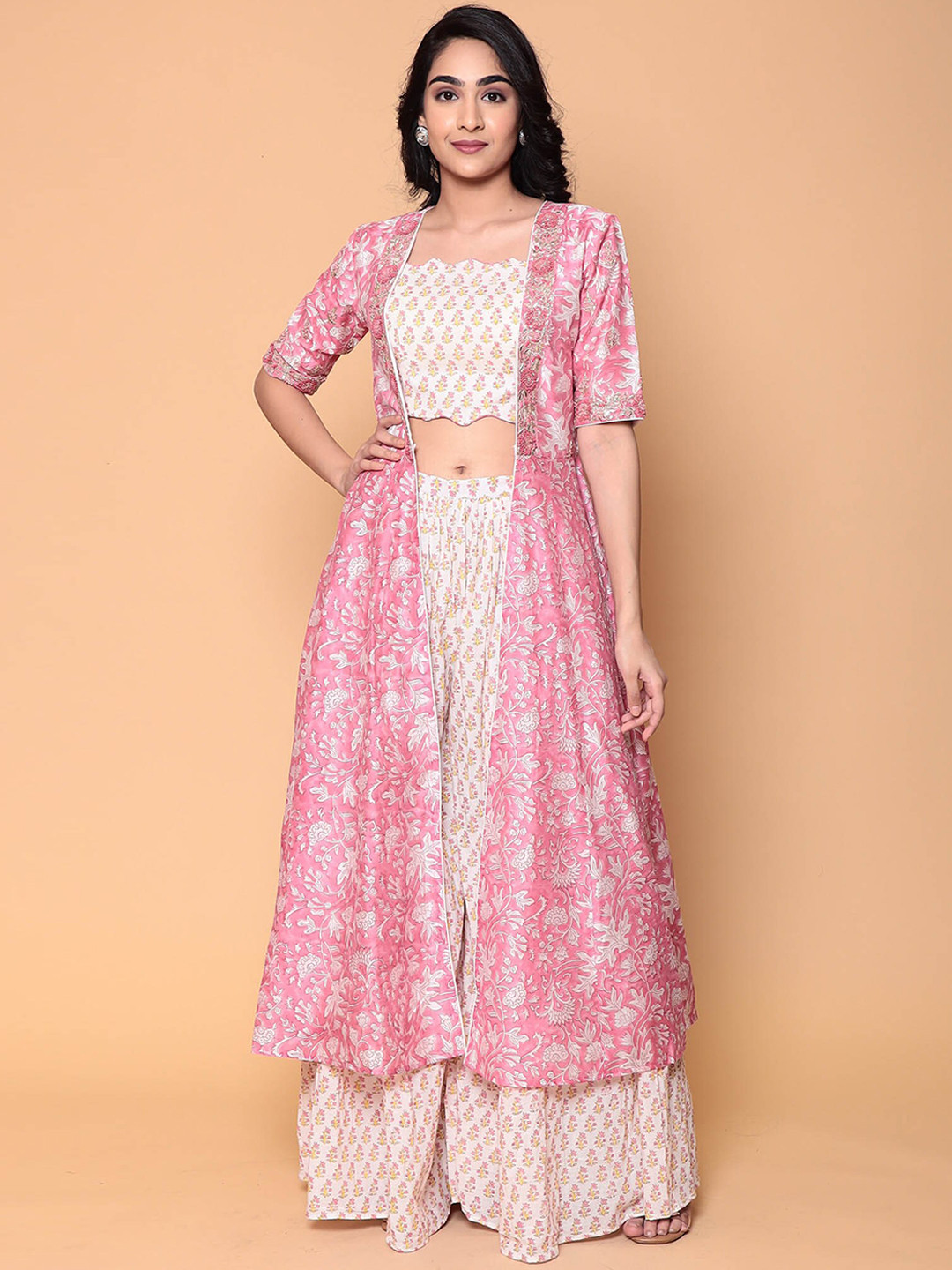 

ZARI Printed Gotta Patti Pure Cotton Top & Sharara With Jacket, Pink