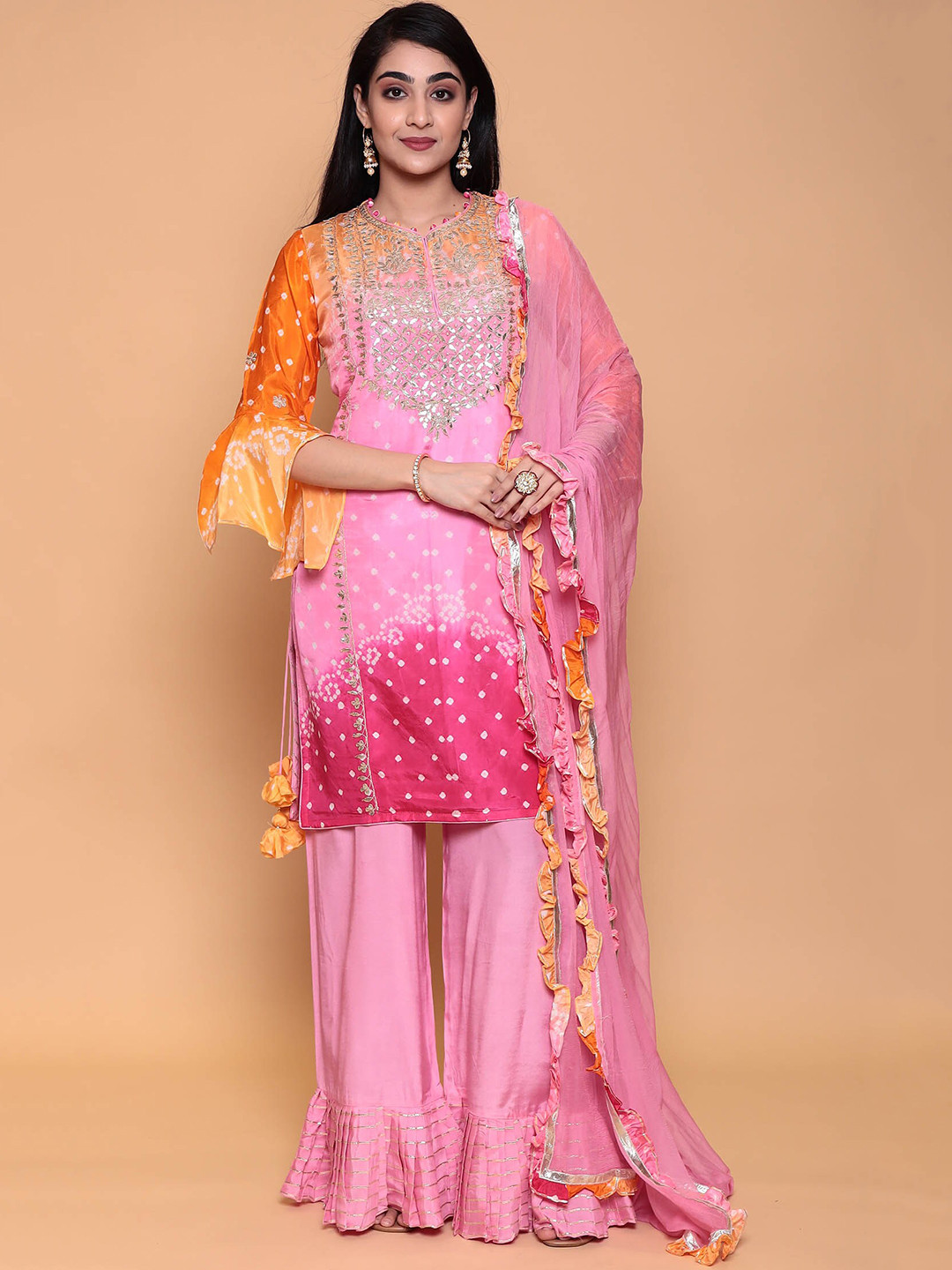 

ZARI Ethnic Motifs Printed Pure Silk Kurta with Palazzos & Dupatta, Pink