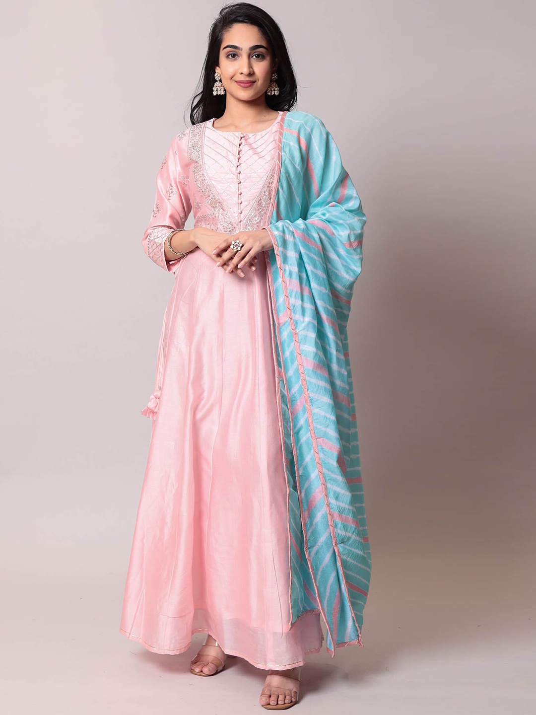 

ZARI Gotta Patti Pure Cotton Kurta with Trousers & Dupatta, Pink