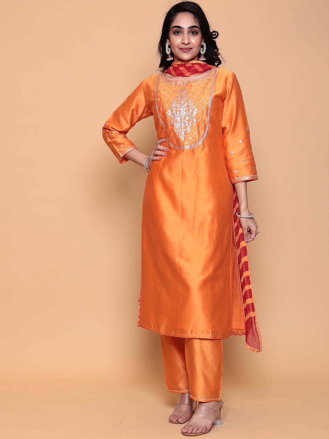 

ZARI Gotta Patti Pure Silk Kurta with Trousers & Dupatta, Orange