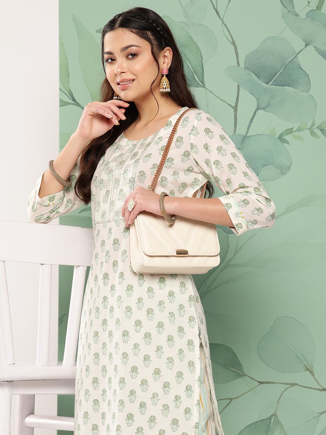 

Yufta Embroidered Chikankari Pure Cotton Kurta with Trousers, White