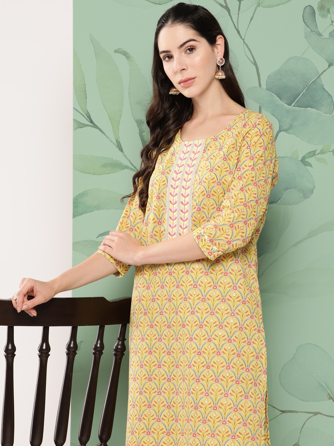 

Yufta Ethnic Motifs Printed Pure Cotton Kurta with Trousers, Yellow