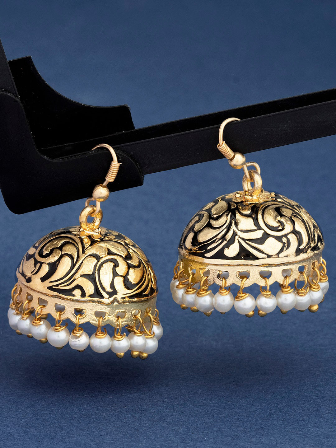

Alamod Gold-Plated Dome Shaped Jhumkas Earrings, Black