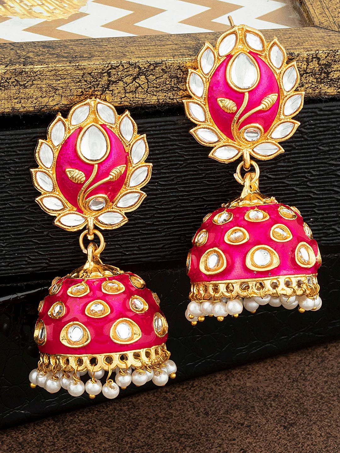 

Alamod Gold-Plated Dome Shaped Jhumkas Earrings, Pink