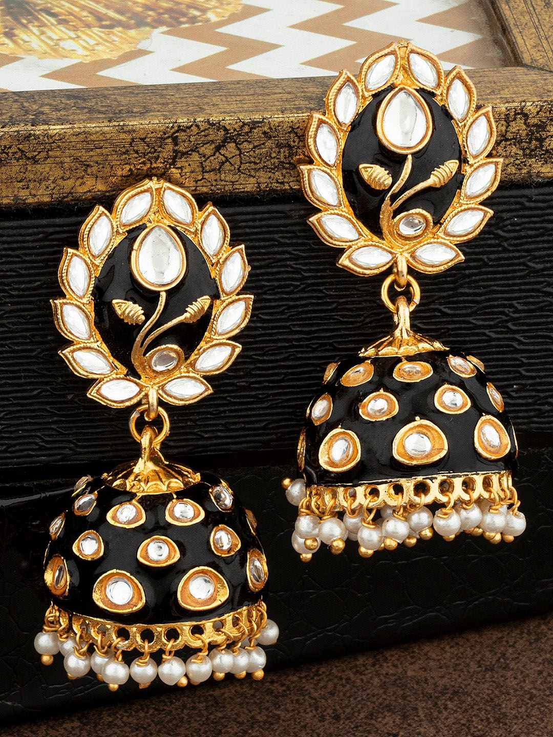 

Alamod Gold-Plated Dome Shaped Jhumkas Earrings, Black