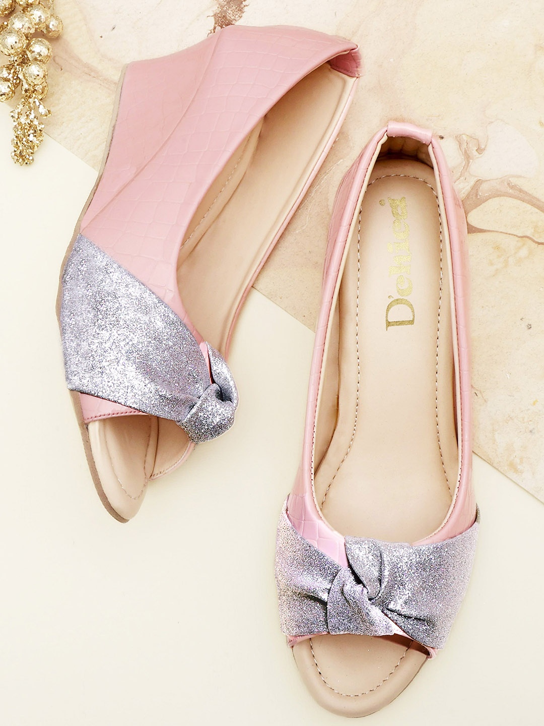 

DChica Girls Party Peep Toe Wedge Heels Ballerians, Pink