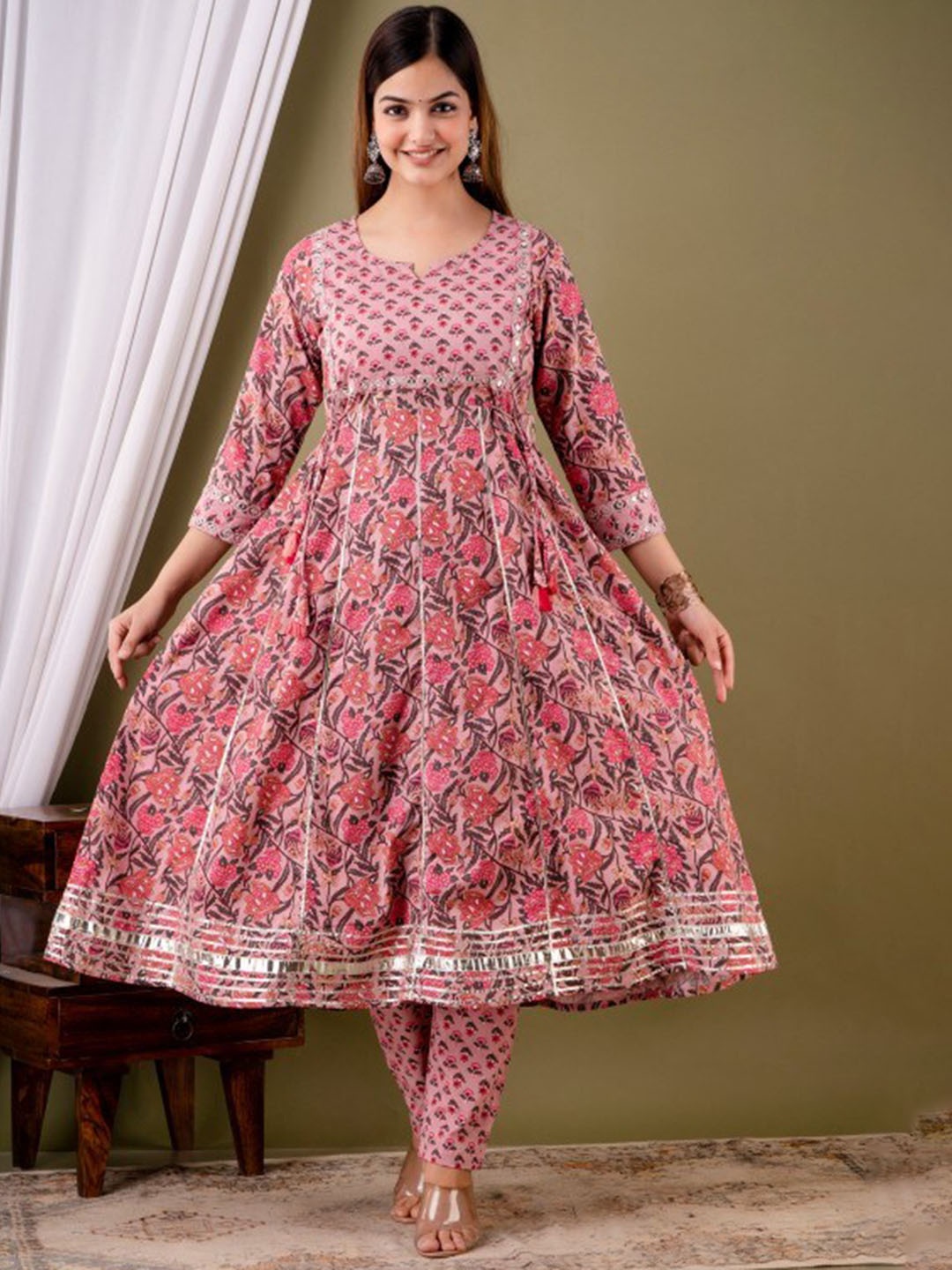 

Glorious Floral Printed Panelled Mirror Work Pure Cotton Anarkali Kurta with Trousers Set, Pink