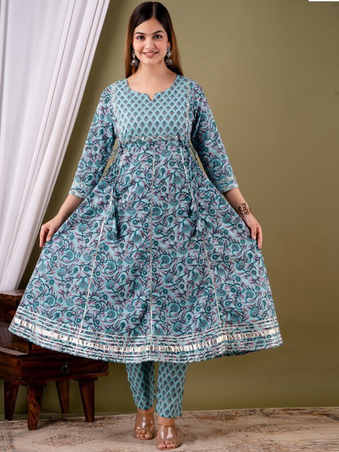 

Glorious Floral Printed Panelled Mirror Work Pure Cotton Anarkali Kurta with Trousers Set, Blue