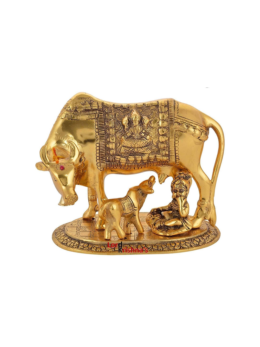 

Perpetual Gold-Toned Kamdhenu Cow With Calf & Krishna Showpieces