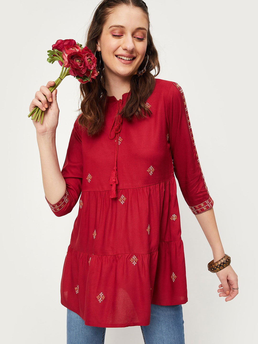 

max Ethnic Motif Embroidered Tie-Up Mandarin Collar Tunic, Red