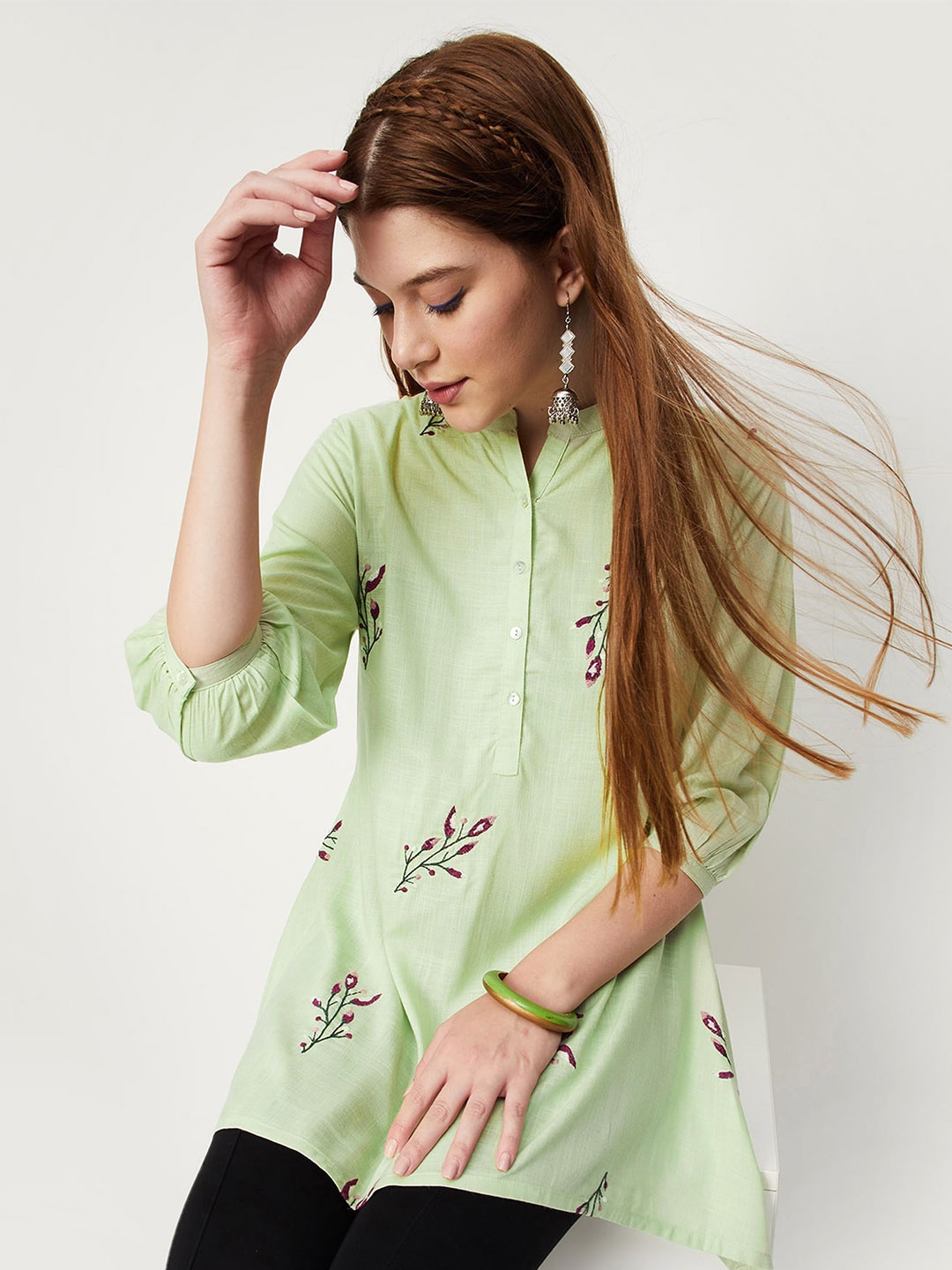 

max Floral Embroidered Mandarin Collar Asymmetric Tunic, Green