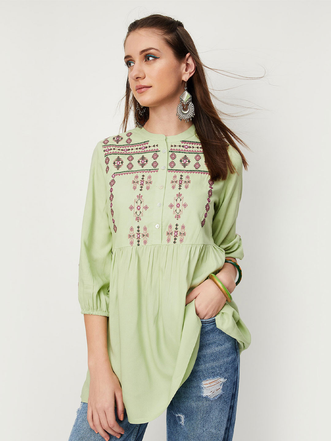 

max Ethnic Motif Embroidered Mandarin Collar Tunic, Green