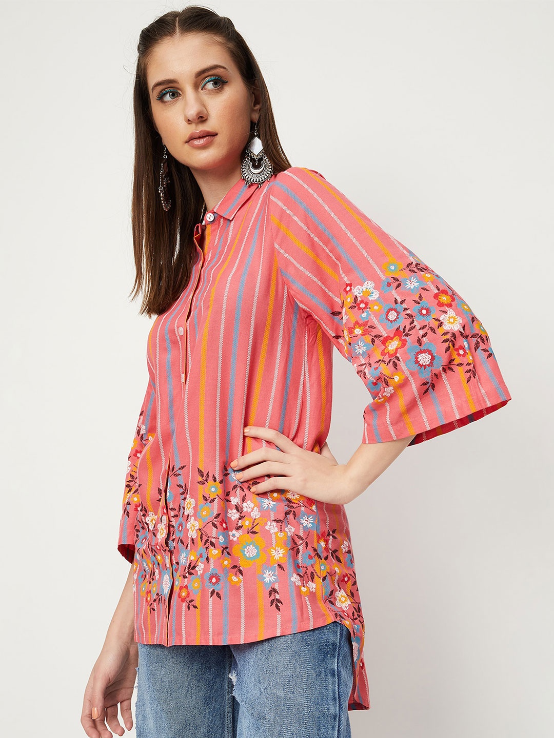 

max Floral Embroidered Shirt Collar High-Low Hem Tunic, Pink