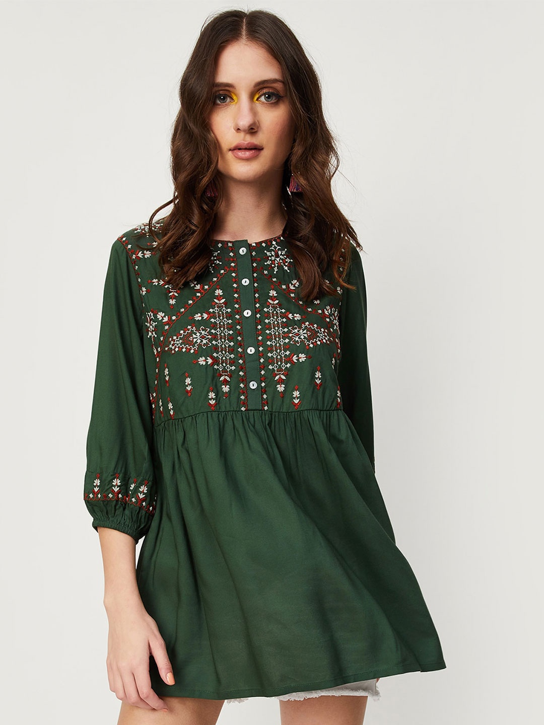 

max Ethnic Motif Embroidered Pleated Tunic, Green