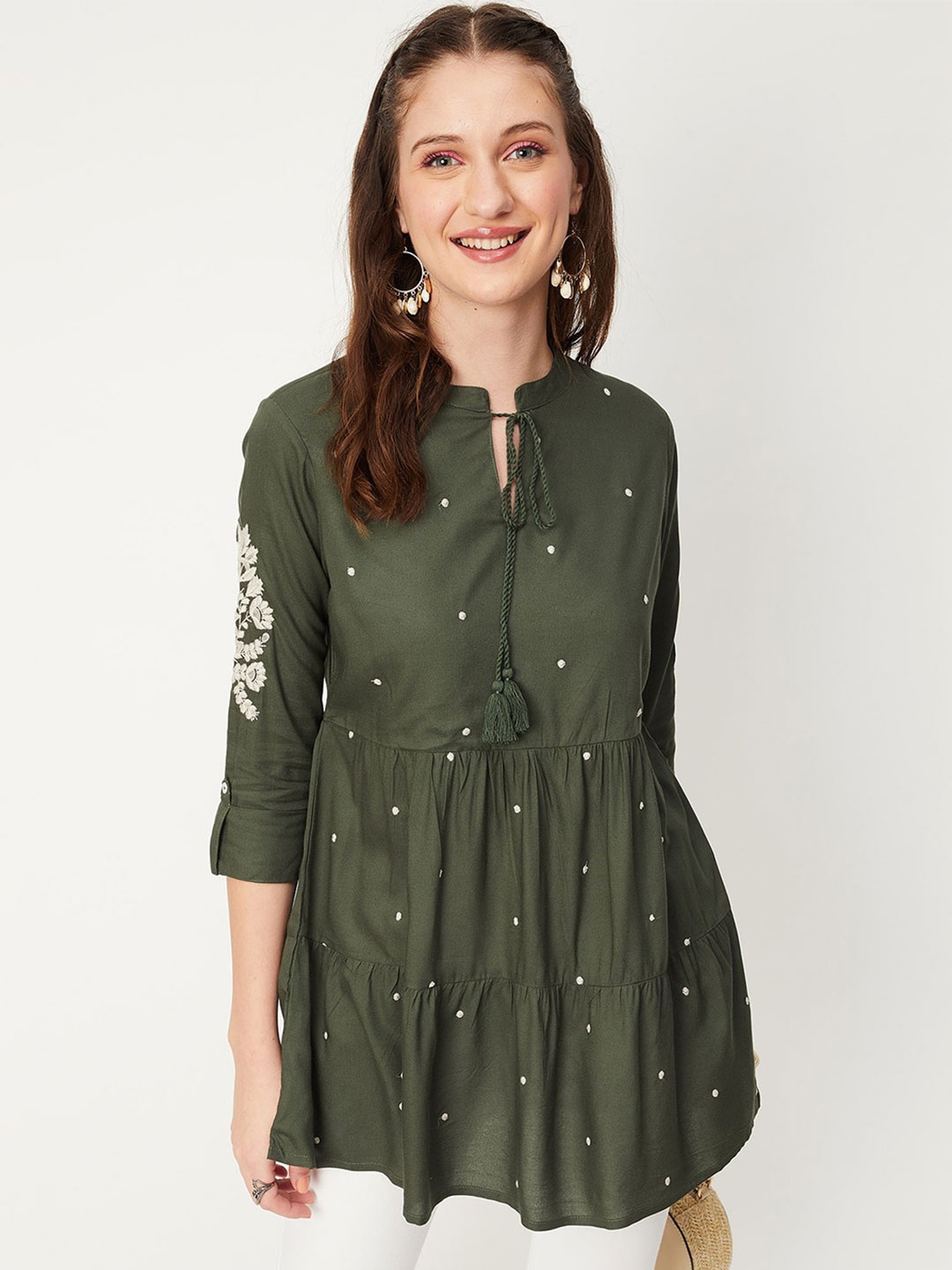 

max Floral Embroidered Tie-Up Neck Roll-Up Sleeves Tunic, Green