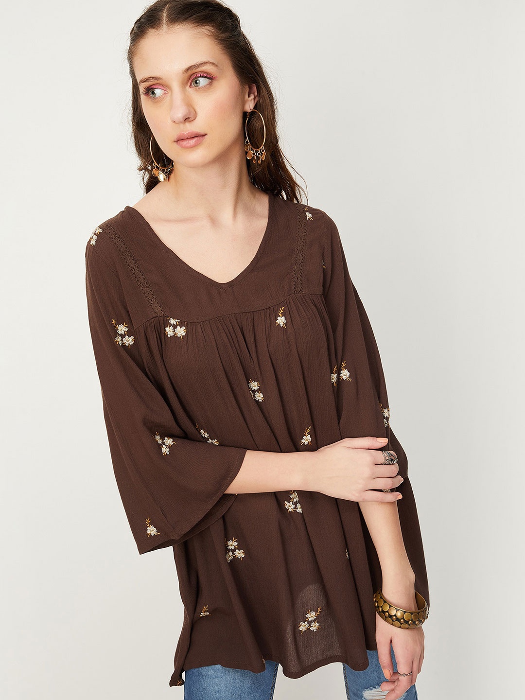 

max Floral Embroidered Empire Tunic With Lace Attached, Brown