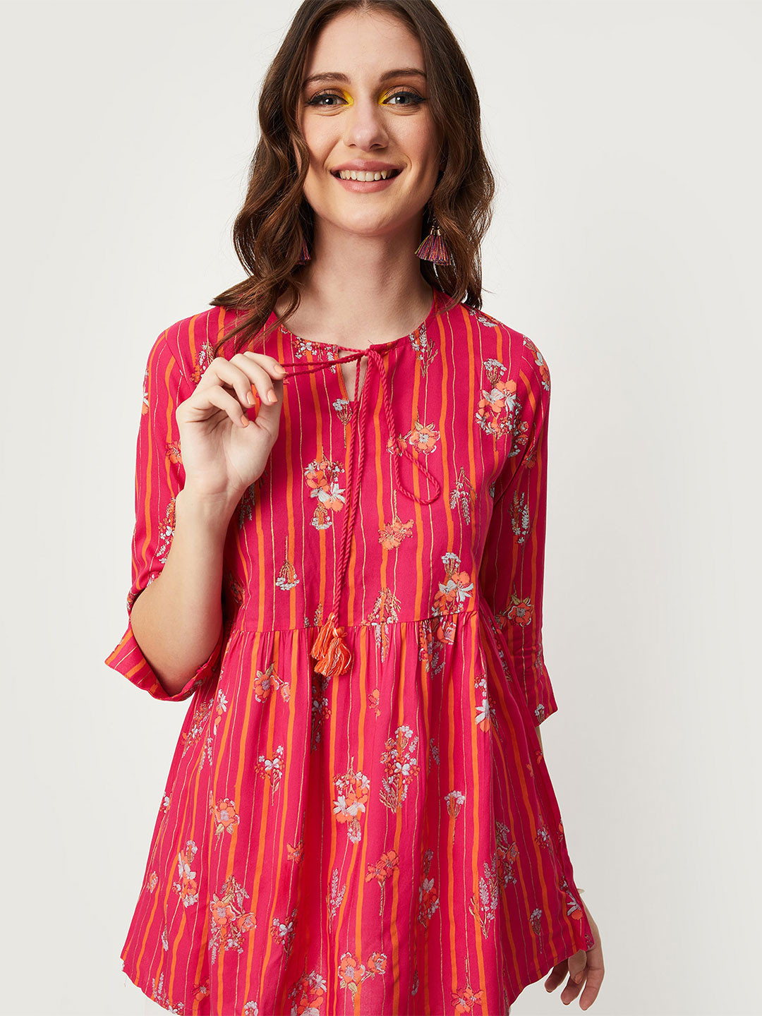 

max Floral Printed Tie-Up Neck A-Line Tunic, Fuchsia