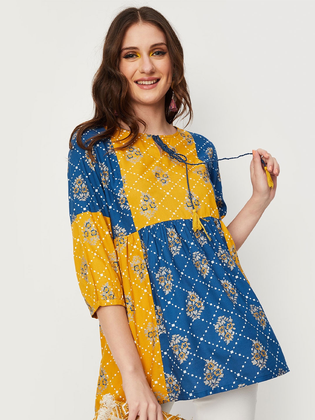 

max Ethnic Motif Printed Tie-Up Neck A-Line Tunic, Mustard