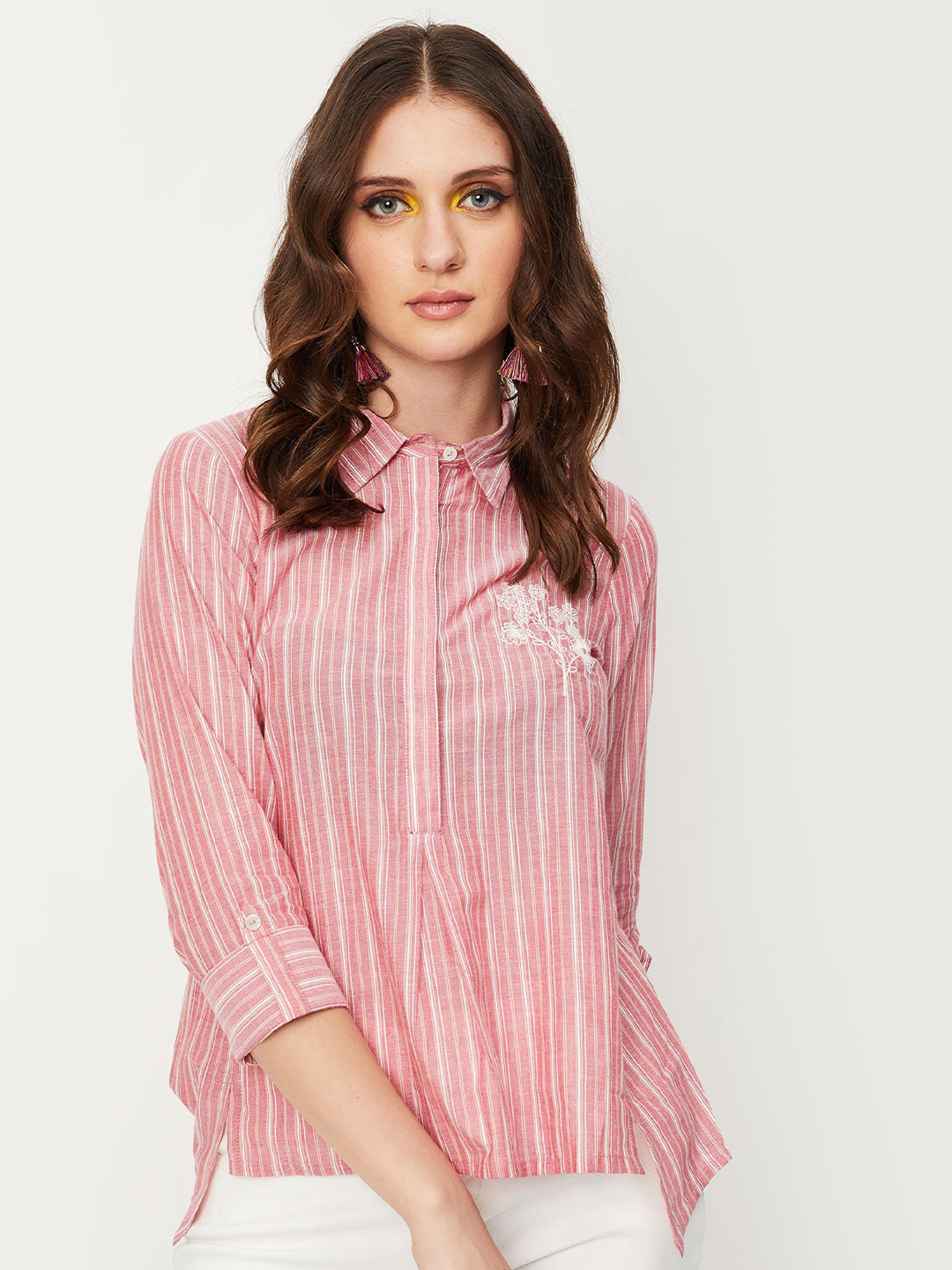 

max Striped Shirt Collar Roll-Up Sleeves High-Low Hem Pure Cotton Tunic, Pink
