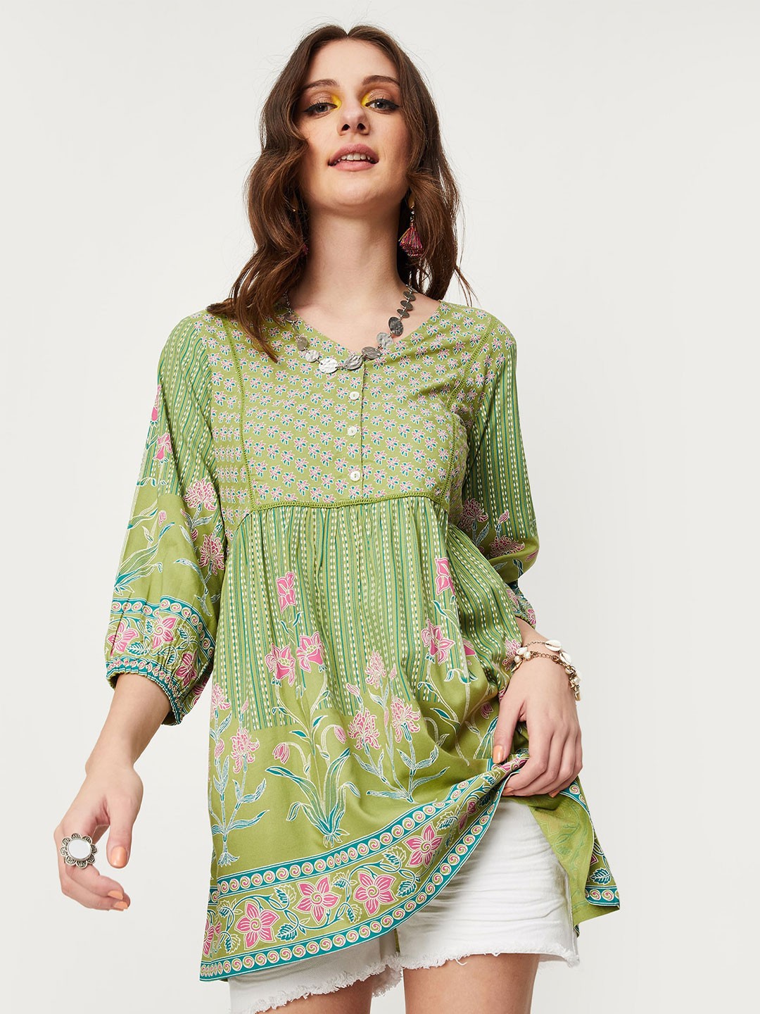 

max Floral Printed Puff Sleeves Gathered A-line Tunic, Green