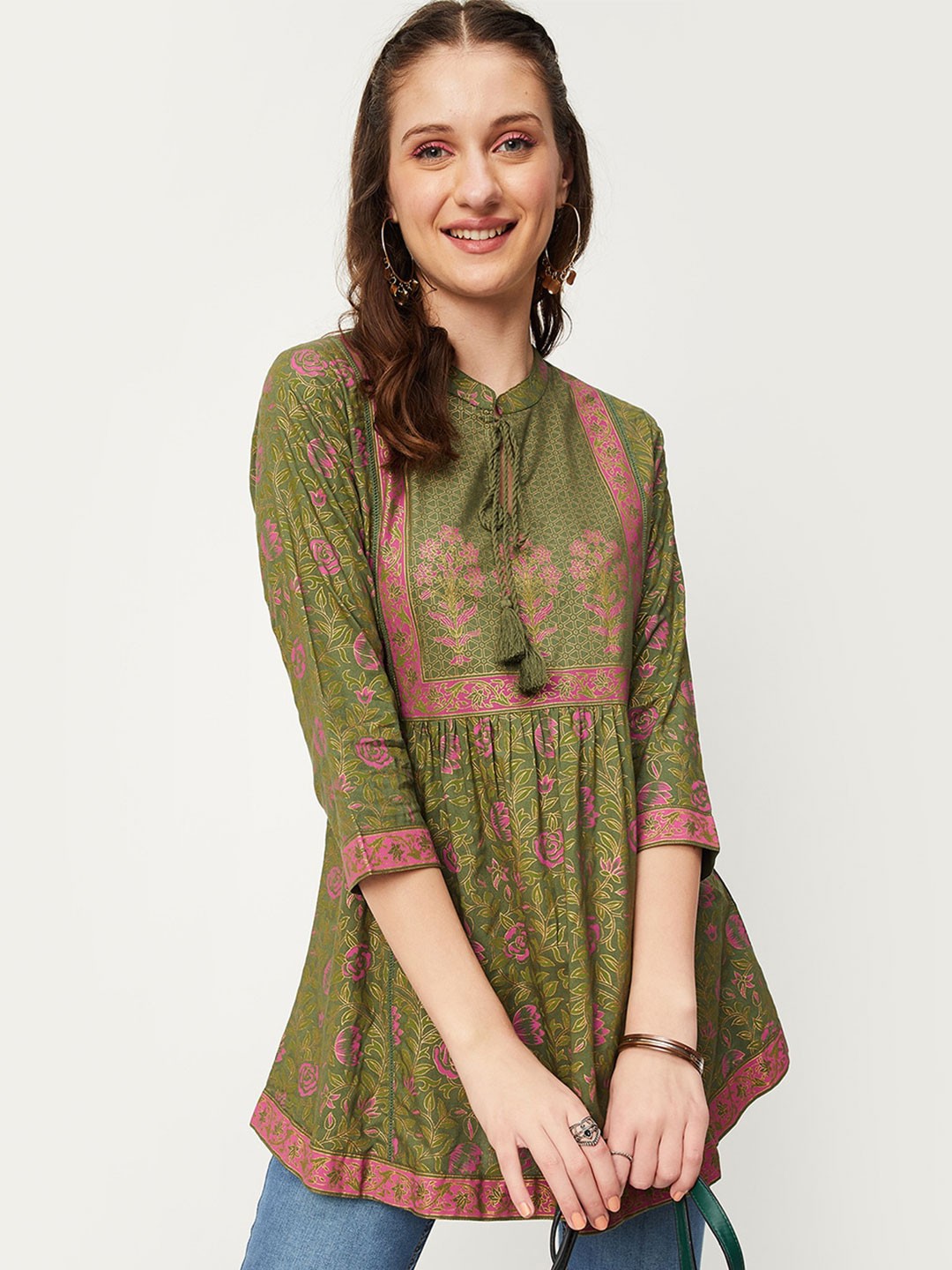 

max Floral Printed Tie-Up Mandarin Collar A-line Tunic, Green