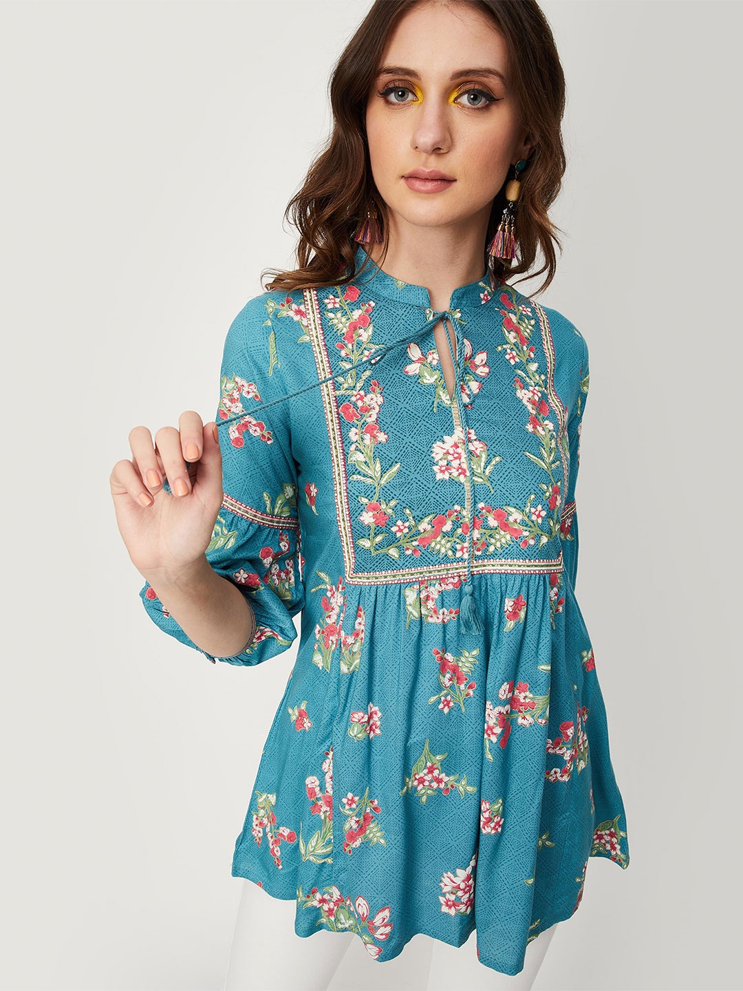 

max Floral Printed Tie-Up Mandarin Collar A-line Tunic, Blue