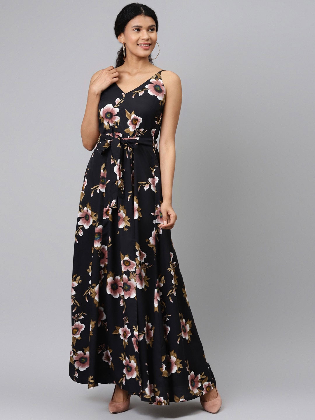 

Sleek Italia Floral Shoulder Straps Crepe Maxi Dress With Belt, Black