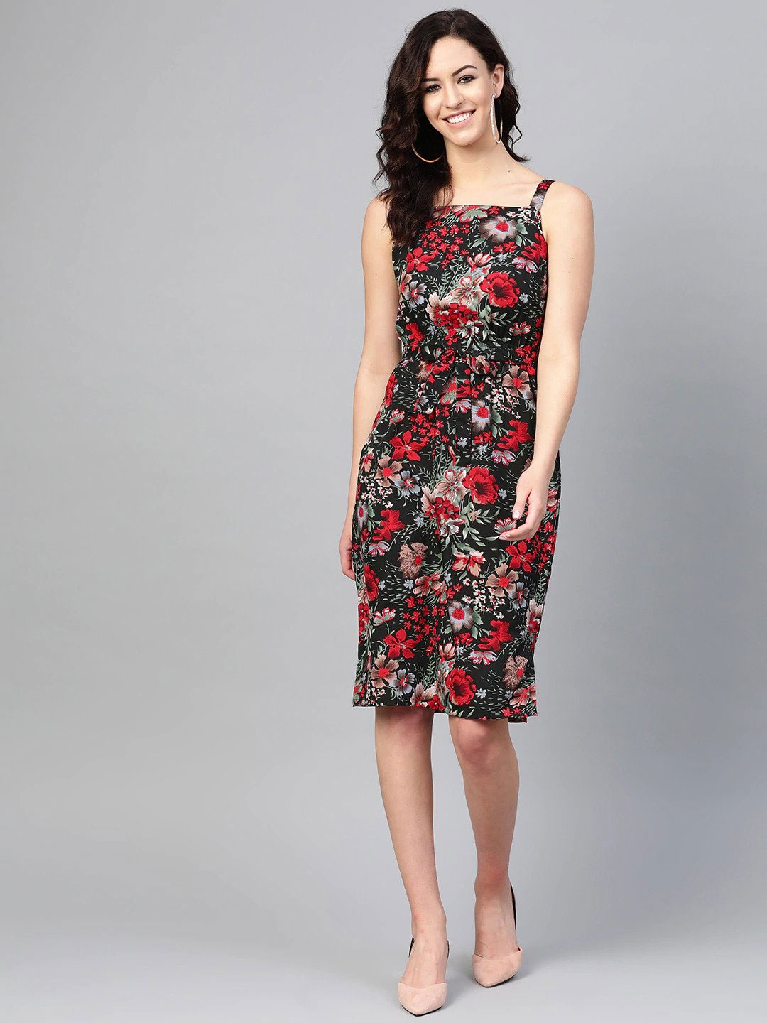 

Sleek Italia Floral Printed Waist Tie Ups Crepe Sheath Dress, Black
