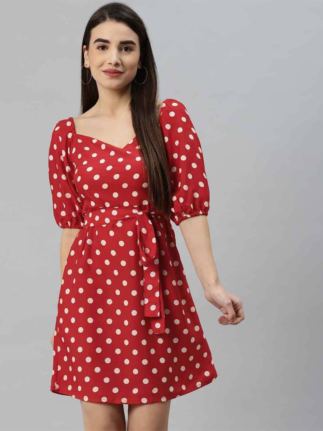 

Sleek Italia Polka Dots Printed Crepe A-Line Dress, Red
