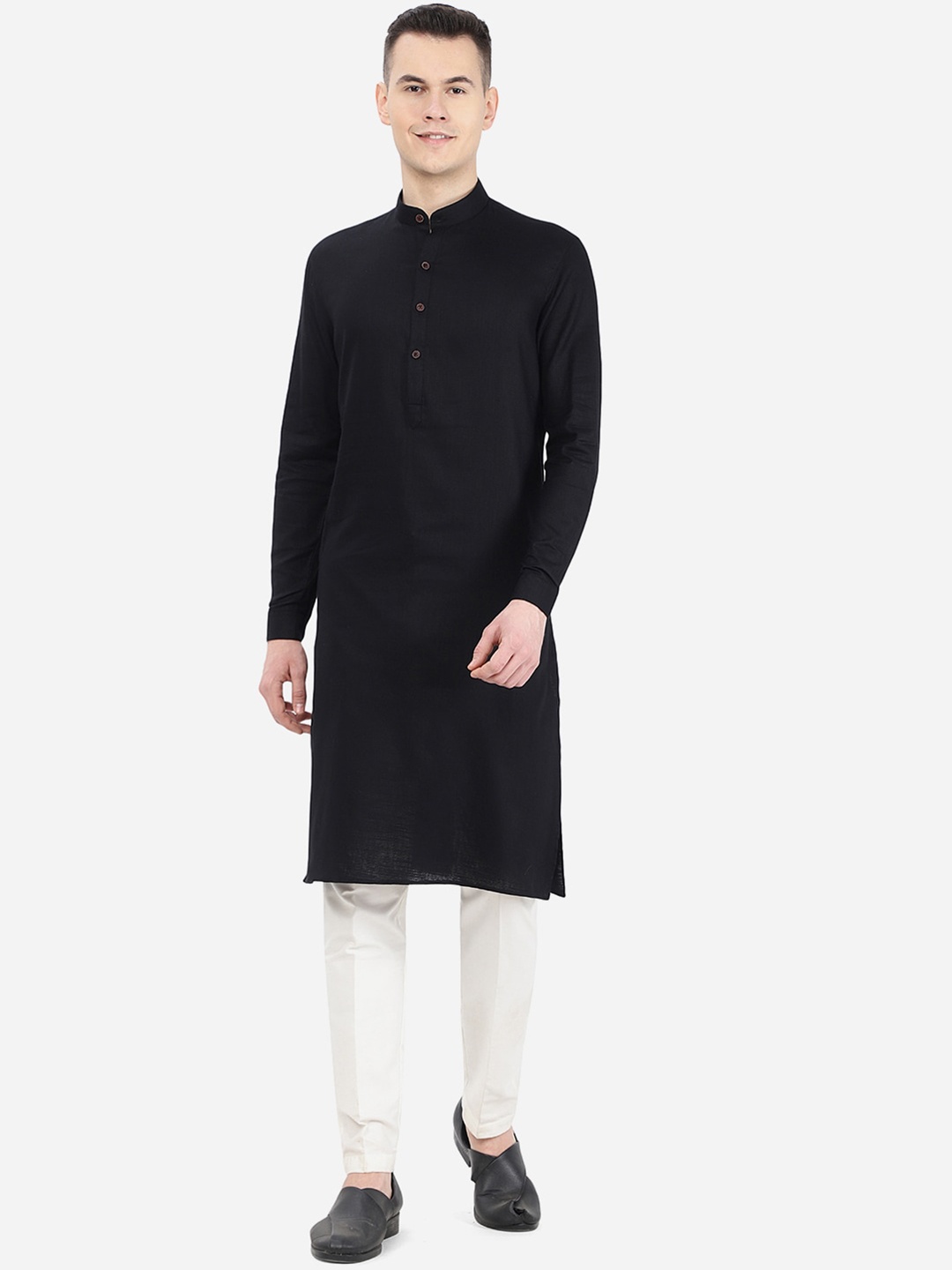 

JADE BLUE Men Mandarin Collar Cotton Blend Modi Straight Kurta, Black