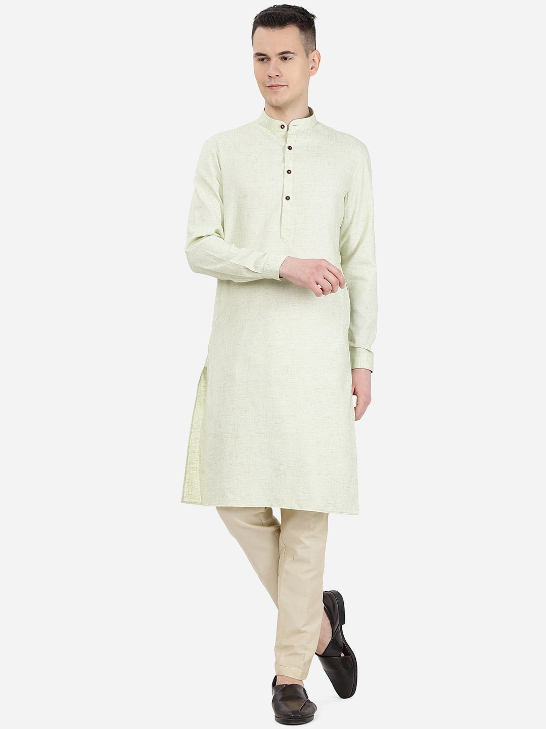 

JADE BLUE Woven Design Mandarin Collar Kurta, Green