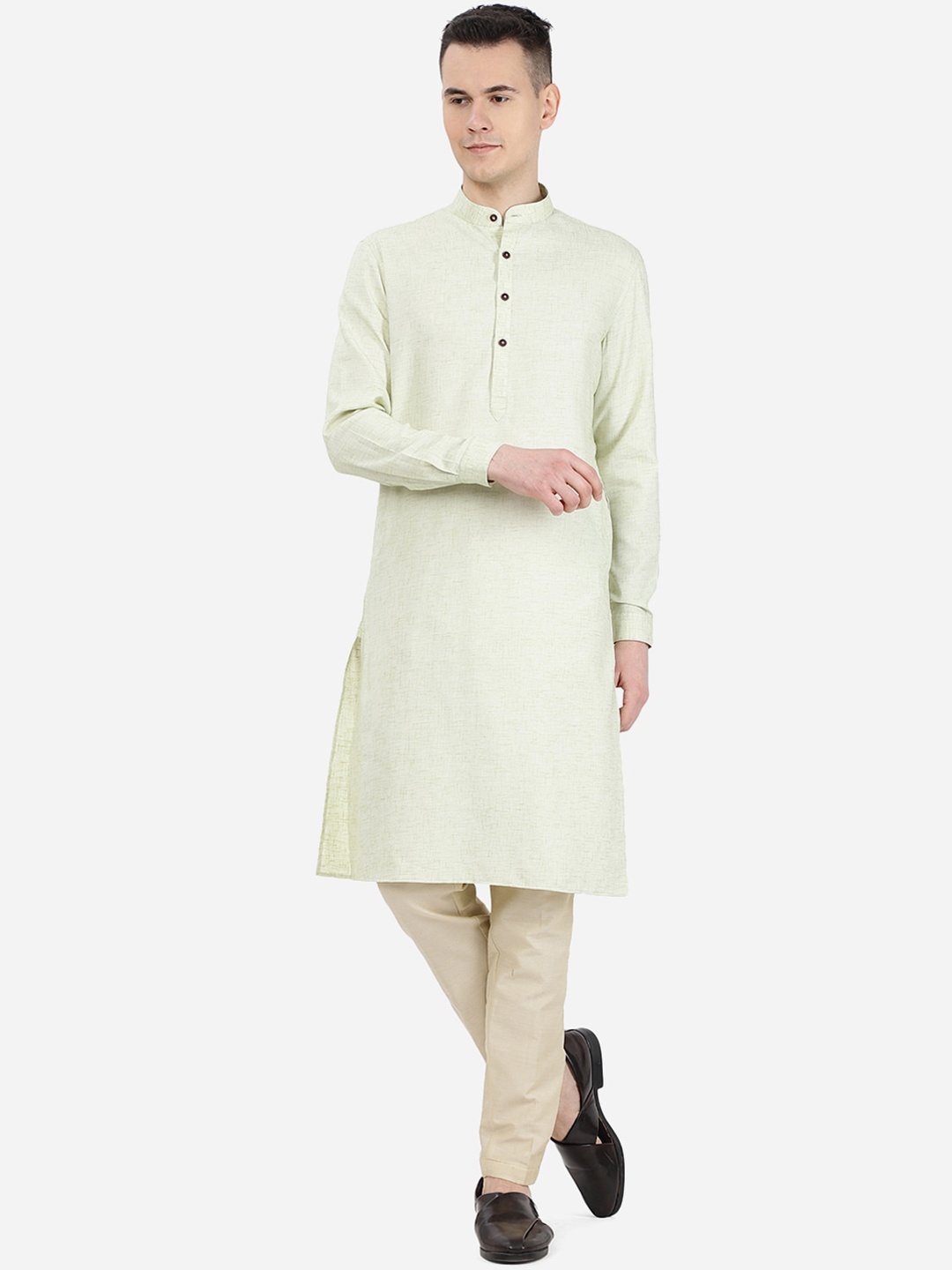 

JADE BLUE Woven Design Mandarin Collar Kurta, Green