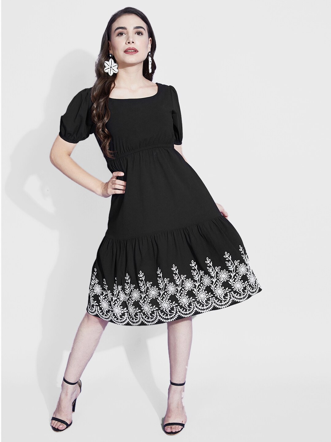 

Selvia Floral Printed Puff Sleeves Tiered Georgette A-Line Dress, Black