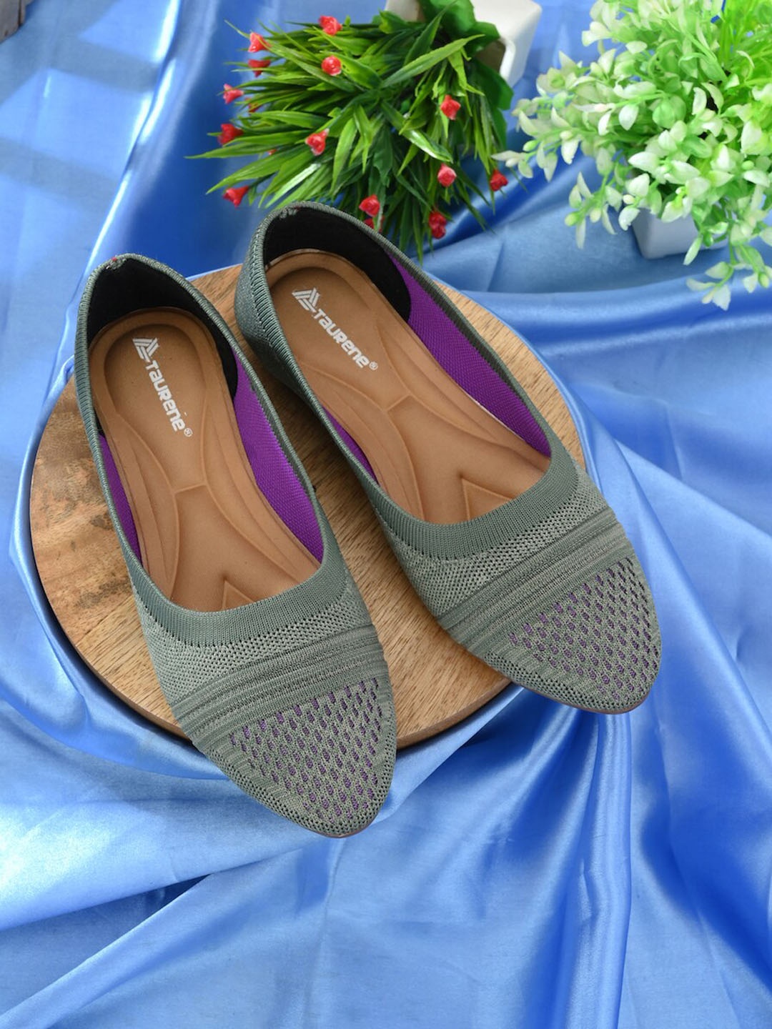 

TAURENE Woven Design Ballerinas, Olive