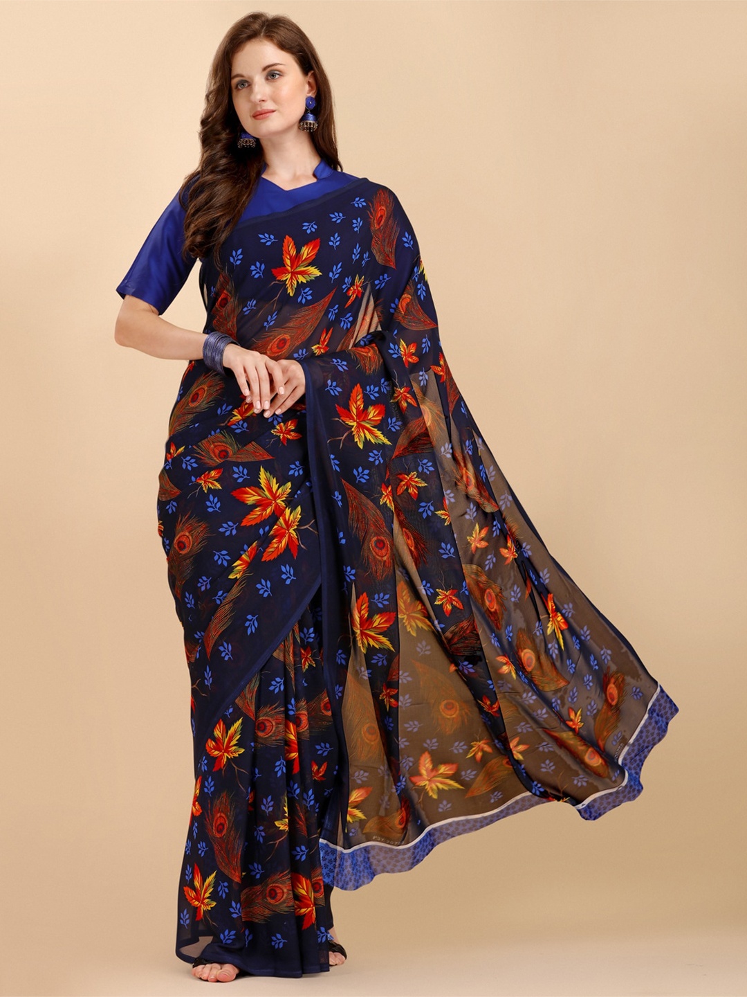 

Sangria Floral Printed Pure Georgette Saree, Navy blue