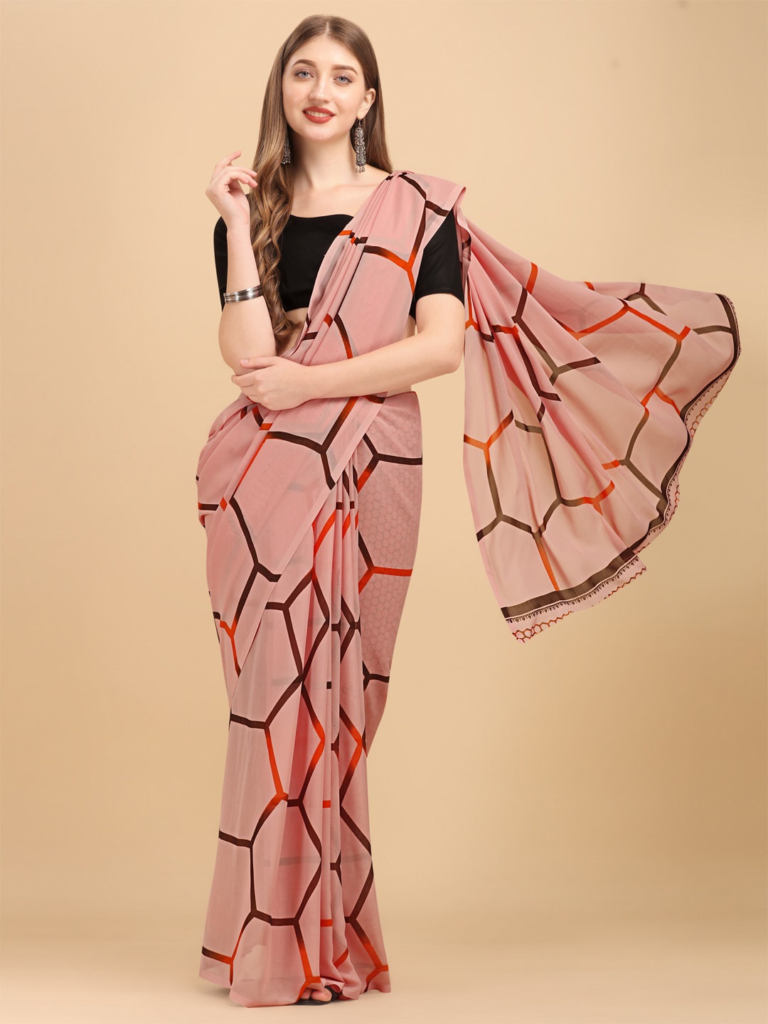 

Sangria Geometric Printed Pure Georgette Sarees, Peach