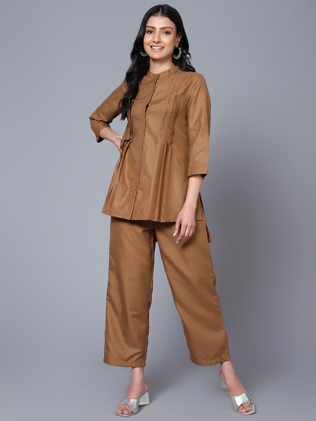 

Bani Women Mandarin Collar Tunic with Trousers, Brown