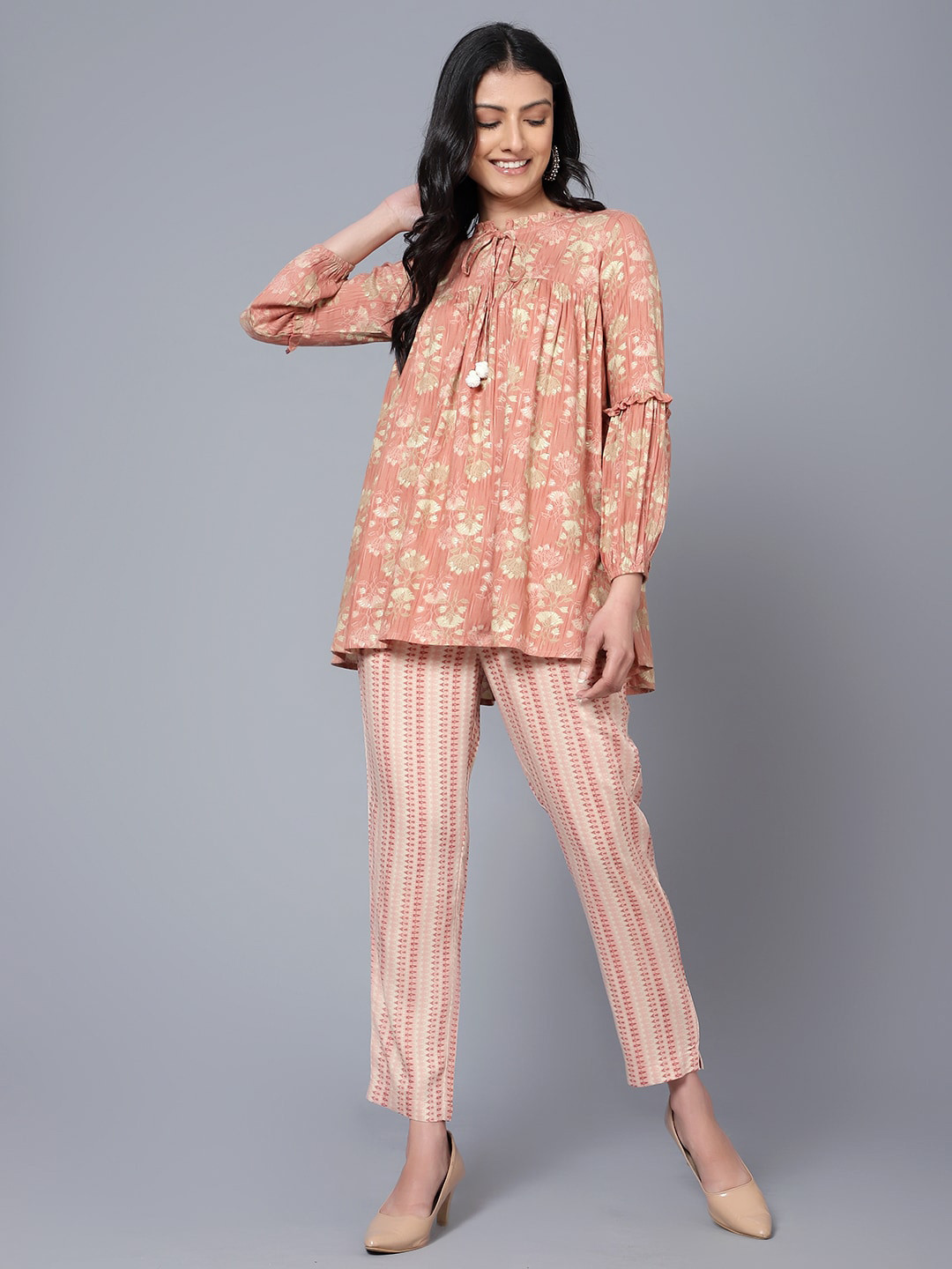 

Bani Women Printed Tie-Ups Neck Tunic with Trouser, Rust