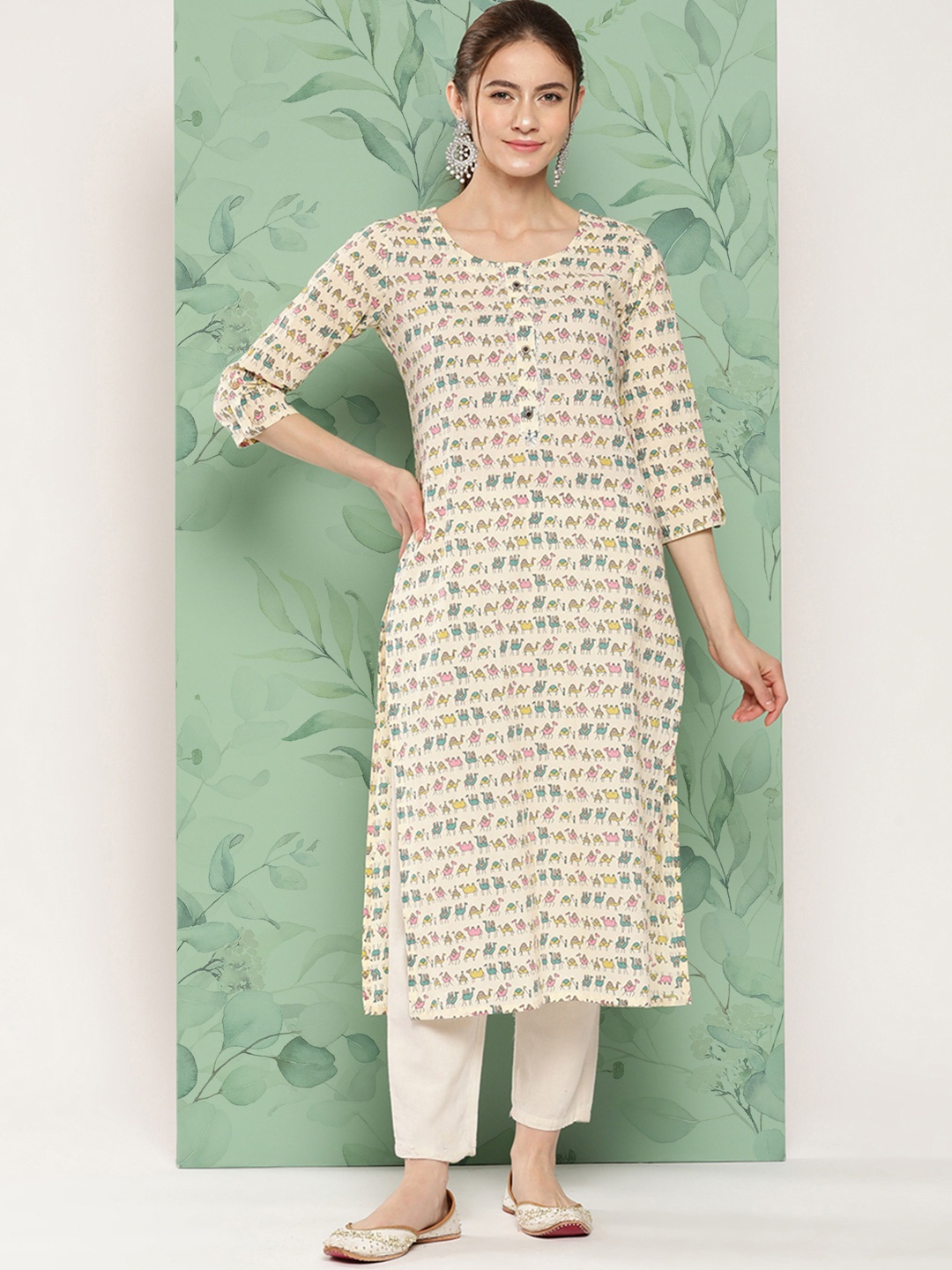 

Yufta Graphic Camel Printed Pure Cotton Straight Kurta, White