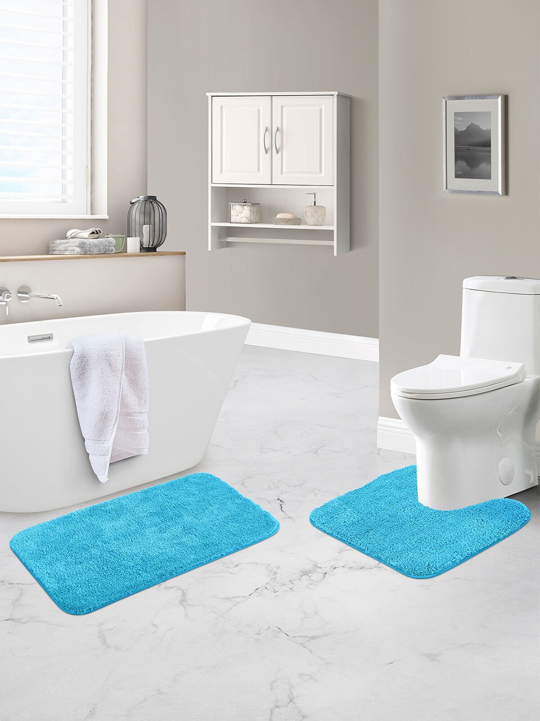 

OBSESSIONS Teal-Blue 2 Pcs Textured 2200 GSM Anti-Skid Bath Rug With Contour Mat