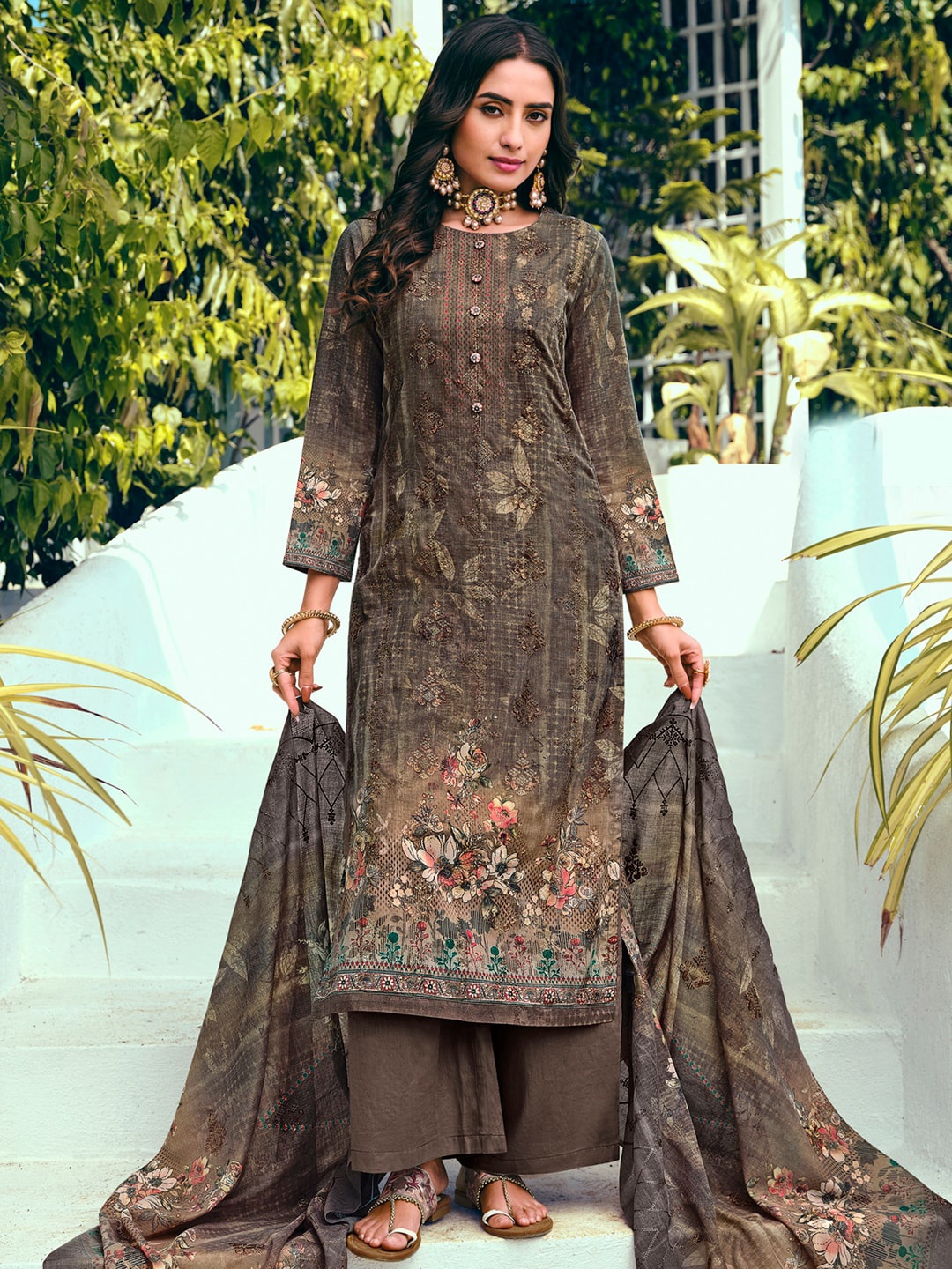 

Stylee LIFESTYLE Printed Unstitched Dress Material, Brown