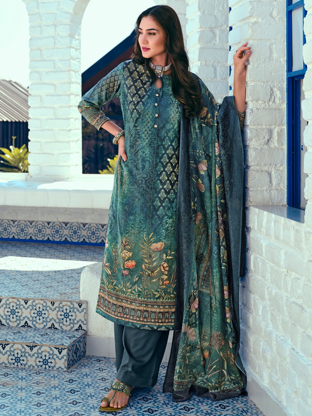 

Stylee LIFESTYLE Printed Unstitched Dress Material, Green