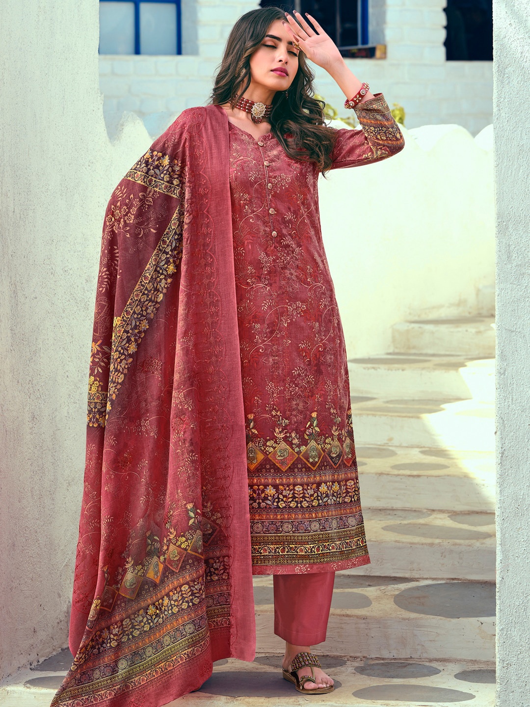

Stylee LIFESTYLE Printed Unstitched Dress Material, Coral