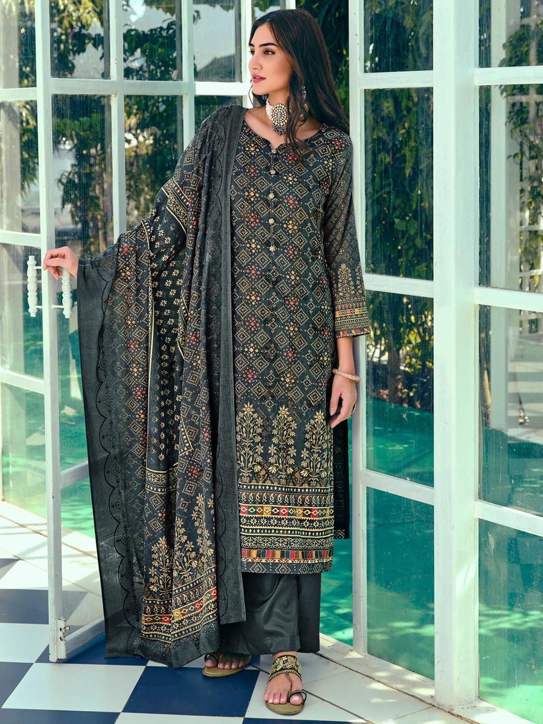 

Stylee LIFESTYLE Printed Unstitched Dress Material, Navy blue
