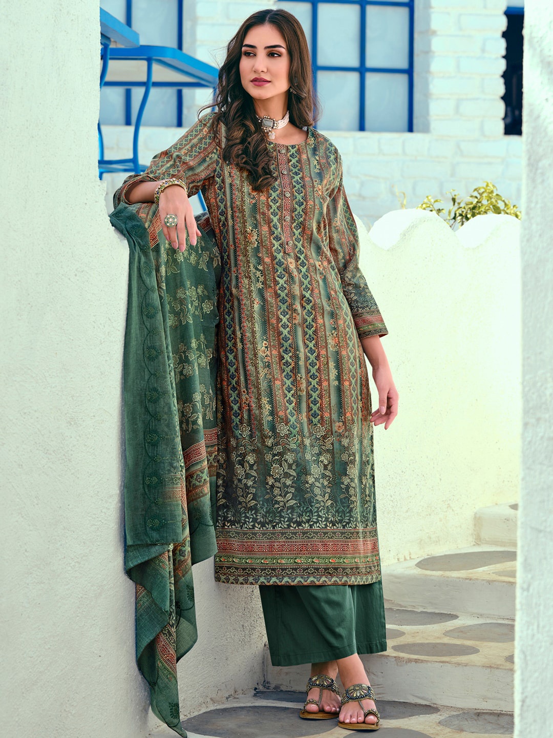 

Stylee LIFESTYLE Printed Unstitched Dress Material, Green