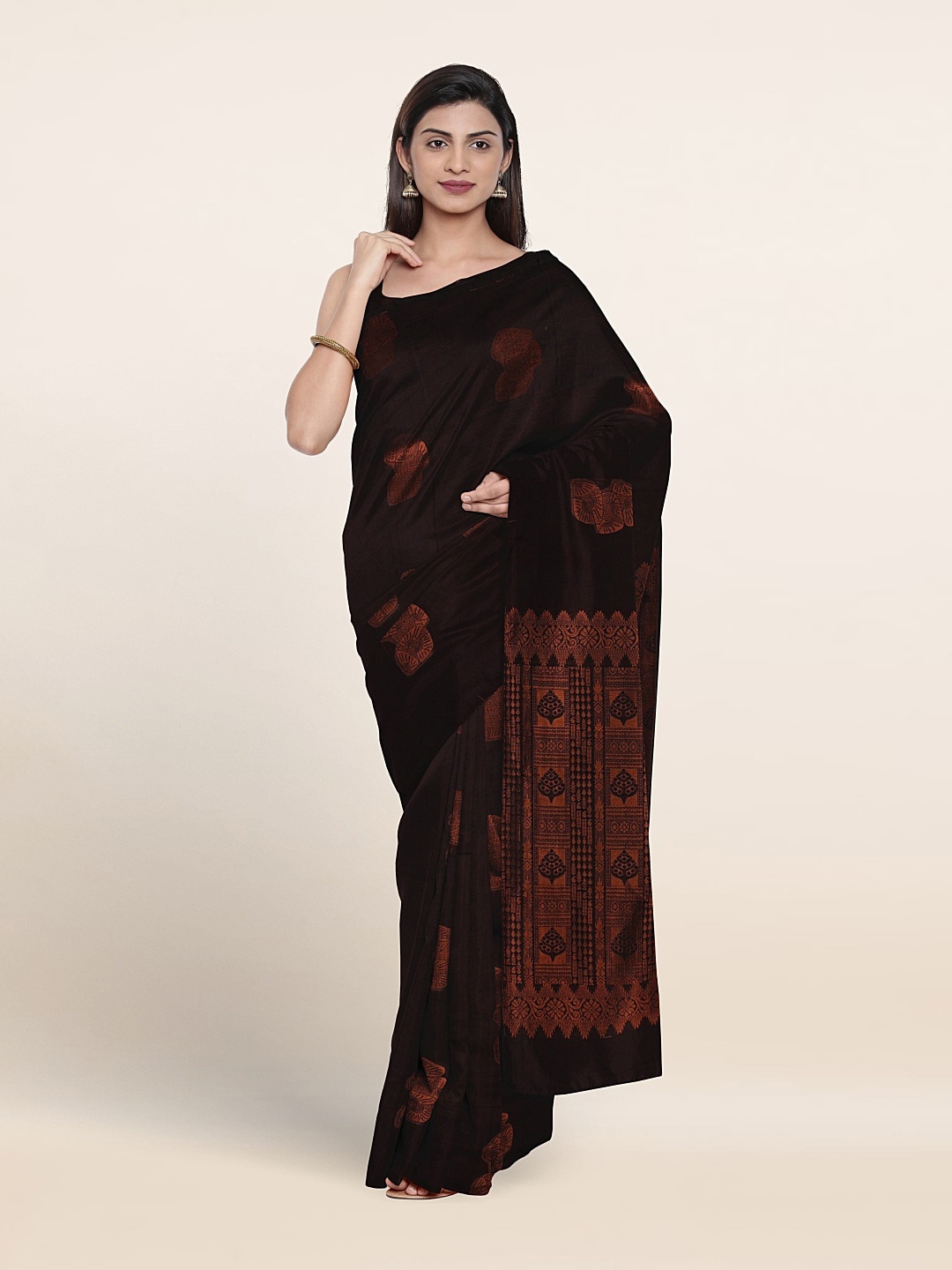 

Pothys Ethnic Motifs Woven Design Zari Pure Silk Saree, Coffee brown