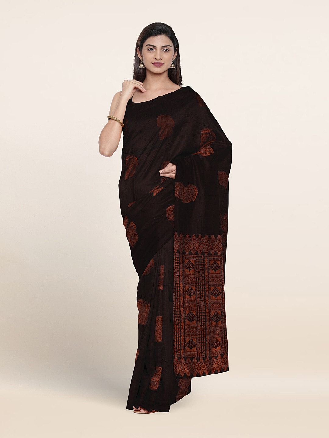 

Pothys Ethnic Motifs Woven Design Zari Silk Cotton Saree, Coffee brown