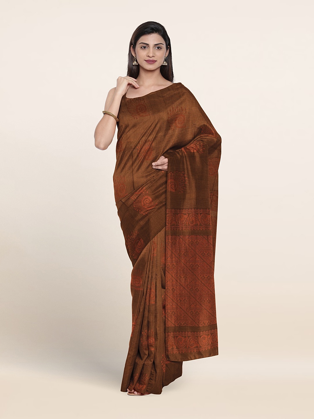 

Pothys Ethnic Motifs Woven Design Zari Silk Cotton Saree, Tan