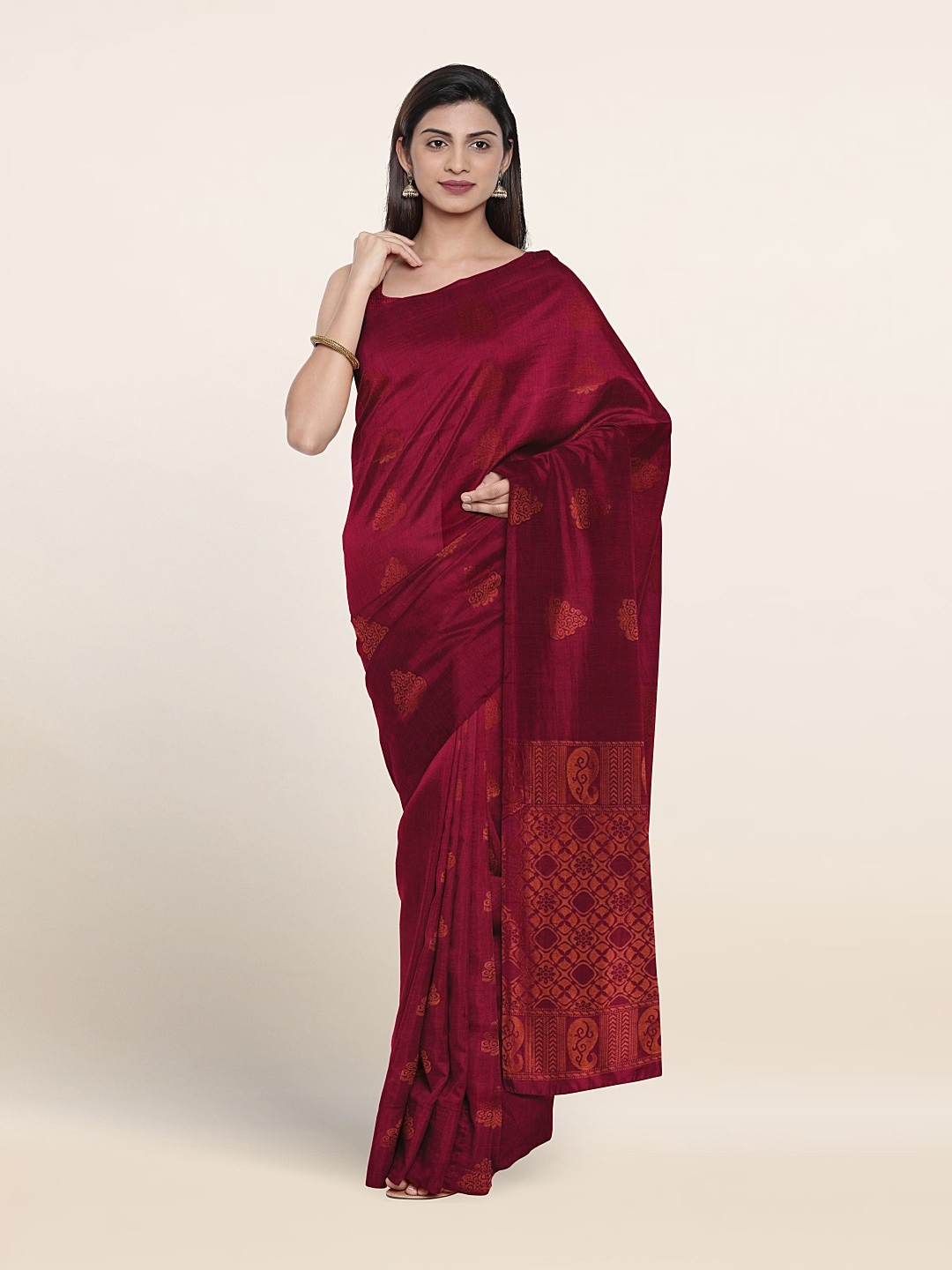 

Pothys Ethnic Motifs Woven Design Zari Silk Cotton Saree, Red