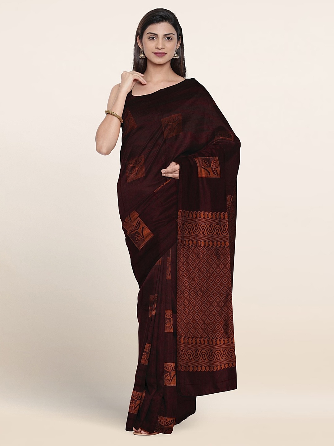 

Pothys Ethnic Motifs Woven Design Zari Silk Cotton Saree, Coffee brown